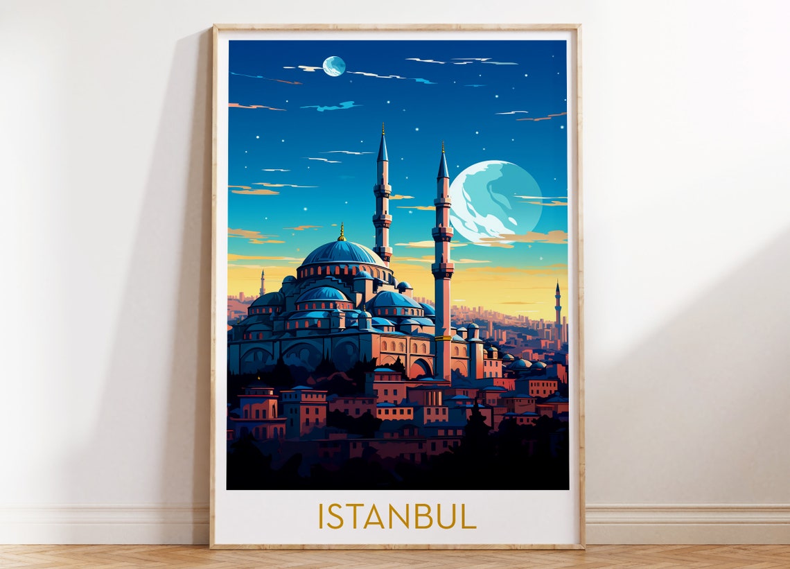 Istanbul Blue Mosque Moonlit Night Skyline Retro Travel Poster