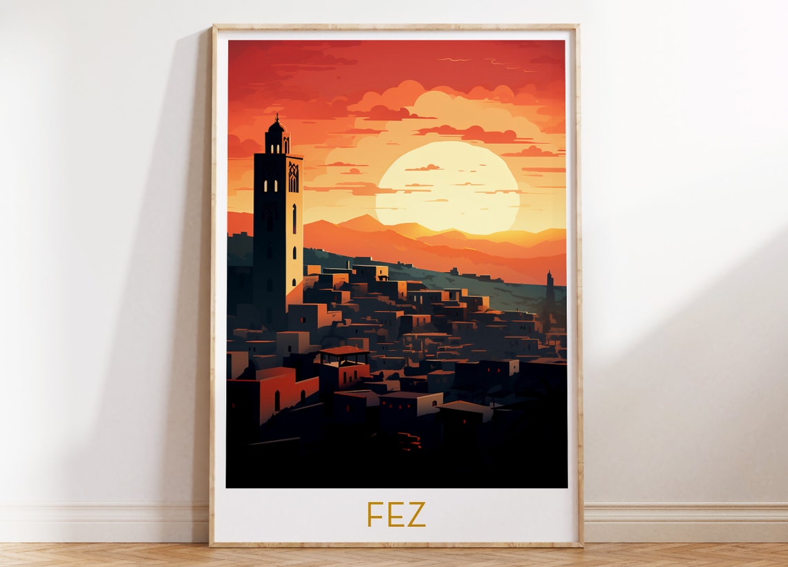 Fez Morocco Medina Sunset Minaret Historic Old City Travel Poster