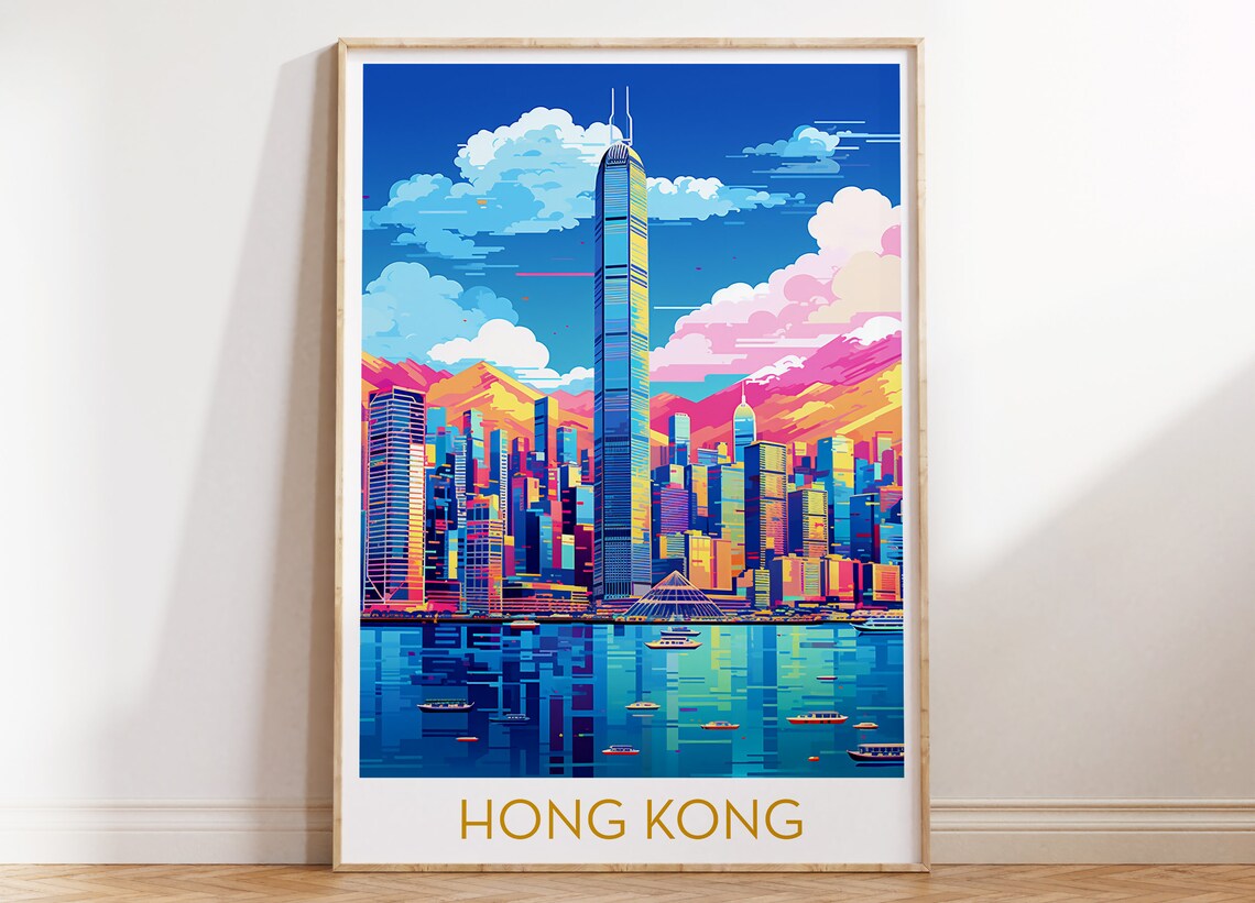 Hong Kong City Skyline Pop Art Poster with Colorful Harbor Lights