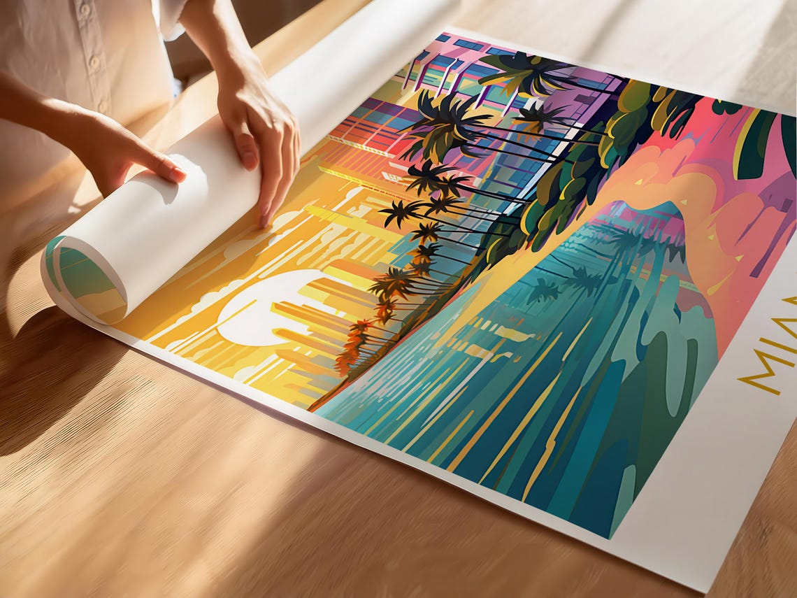 Miami Beach Sunset Art Deco Skyline Palm Trees Florida Travel Poster - Image 4