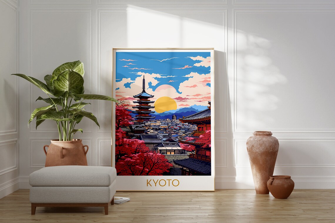 Kyoto Pagoda Cherry Blossom Sunset Retro Japan Travel Poster - Image 2