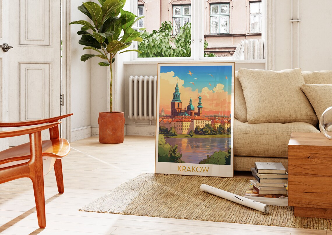 Krakow Old Town Church Towers Riverside Sunset Travel Poster - Image 4