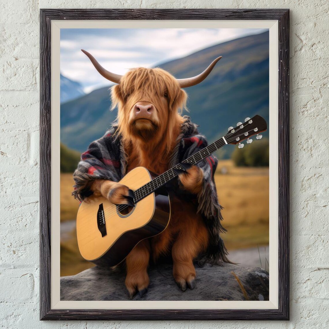 Highland Cow Playing Guitar, Funny Animal Art Print