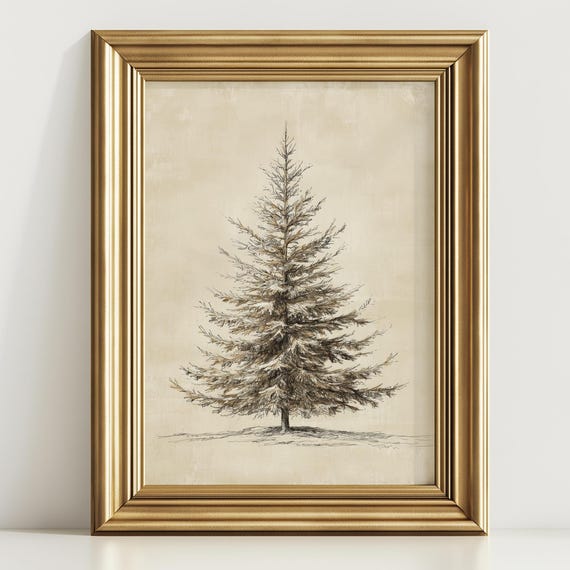 Minimalist Christmas Tree Print Vintage Fir Wall Art Cozy Rustic Beige Winter Nature Home Decor Seasonal Holiday Poster