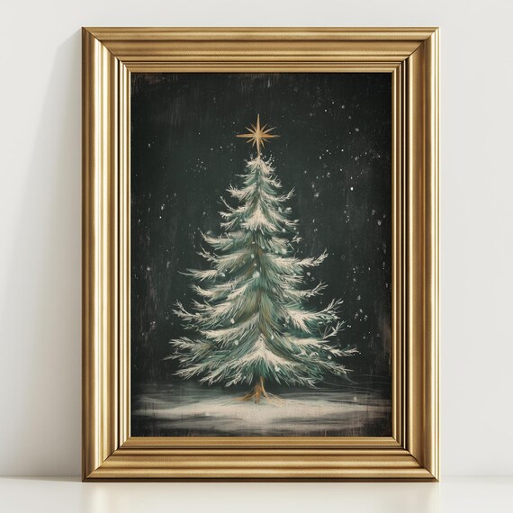 Snowy Christmas Tree Gold Star Vintage Night Painting Poster