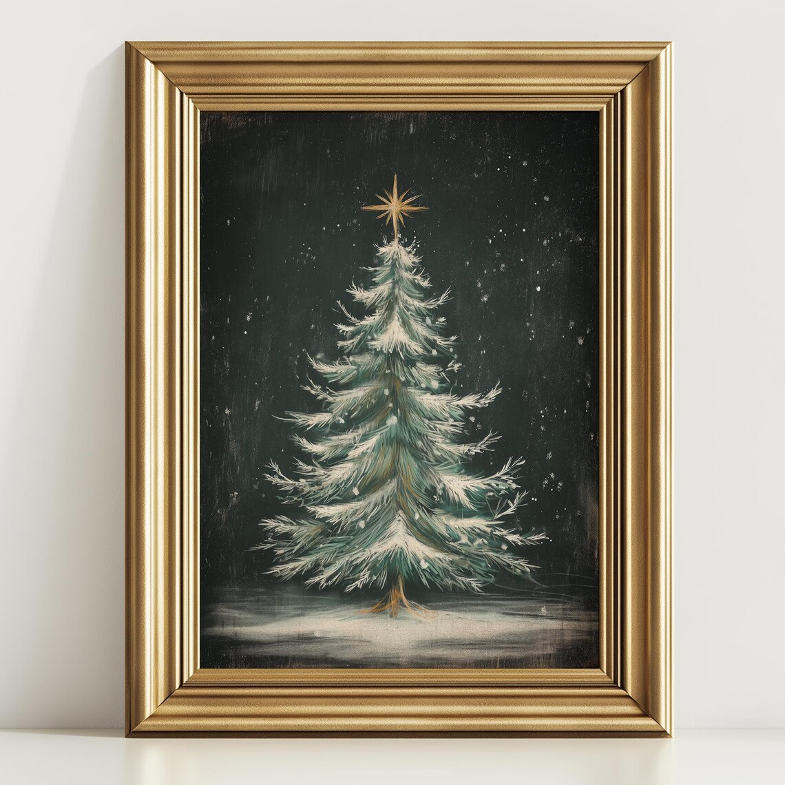 Snowy Christmas Tree Gold Star Vintage Night Painting Poster