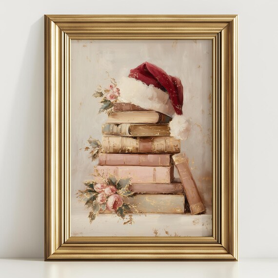 Vintage Book Stack With Santa Hat Pink Roses Christmas Art Poster