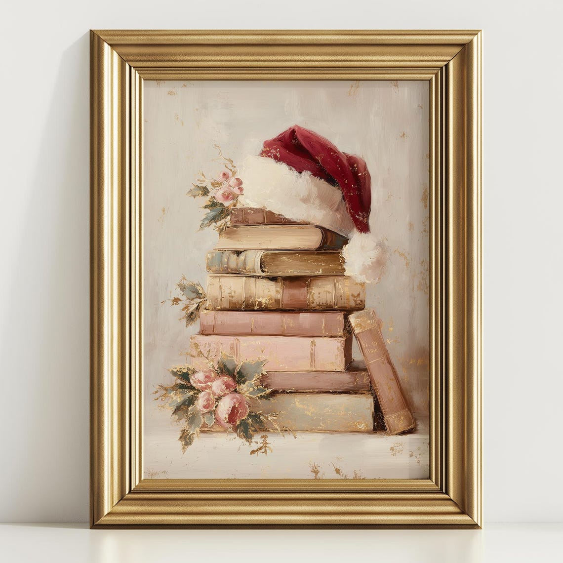 Vintage Book Stack With Santa Hat Pink Roses Christmas Art Poster
