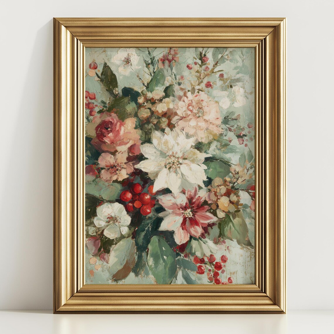 Romantic Floral Oil Painting with Peonies Roses and Berries Poster
