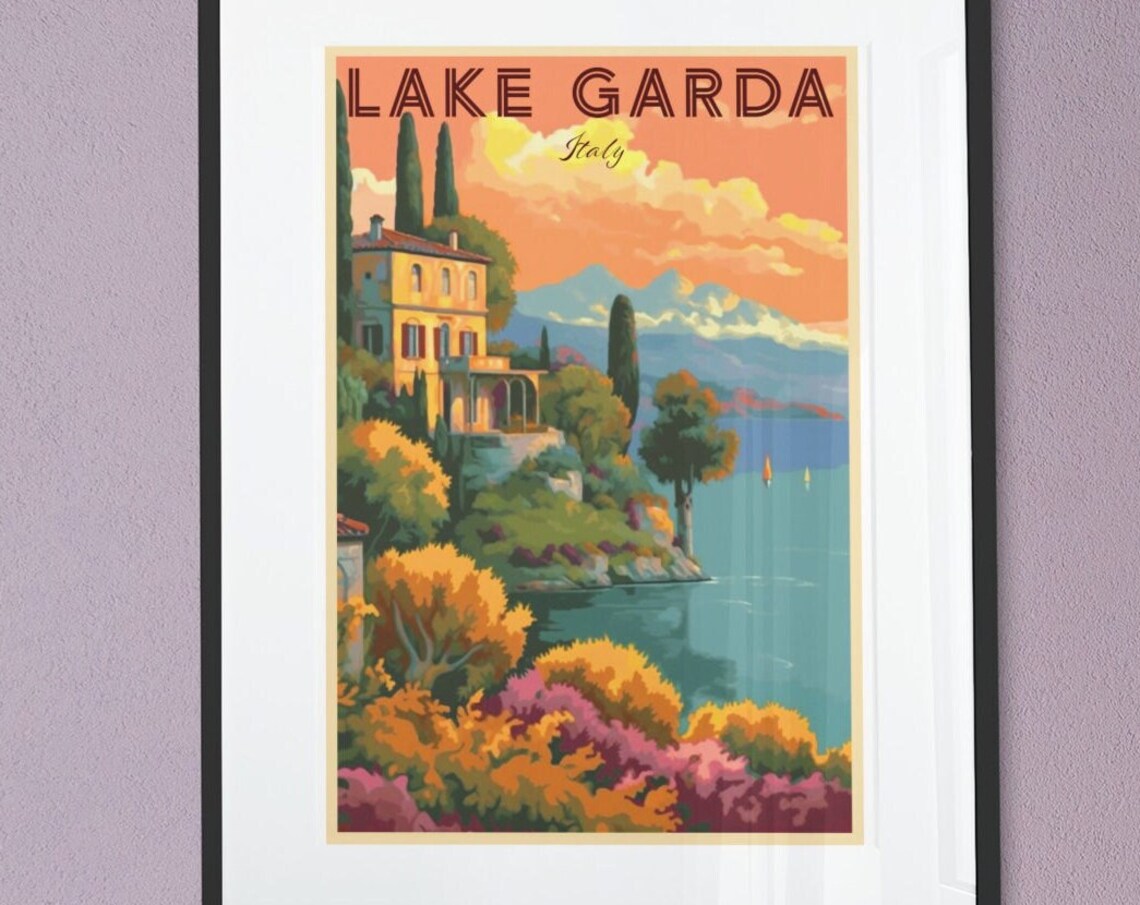 Lake Garda Italy Lakeside Villa Retro Sunset Vintage Travel Poster