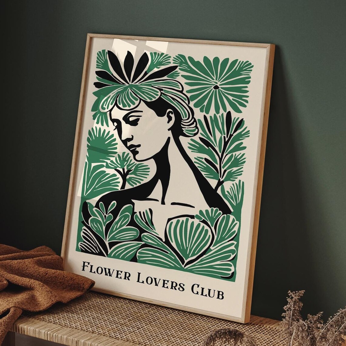 Flower Lovers Club Green Floral Woman Portrait Vintage Art Poster