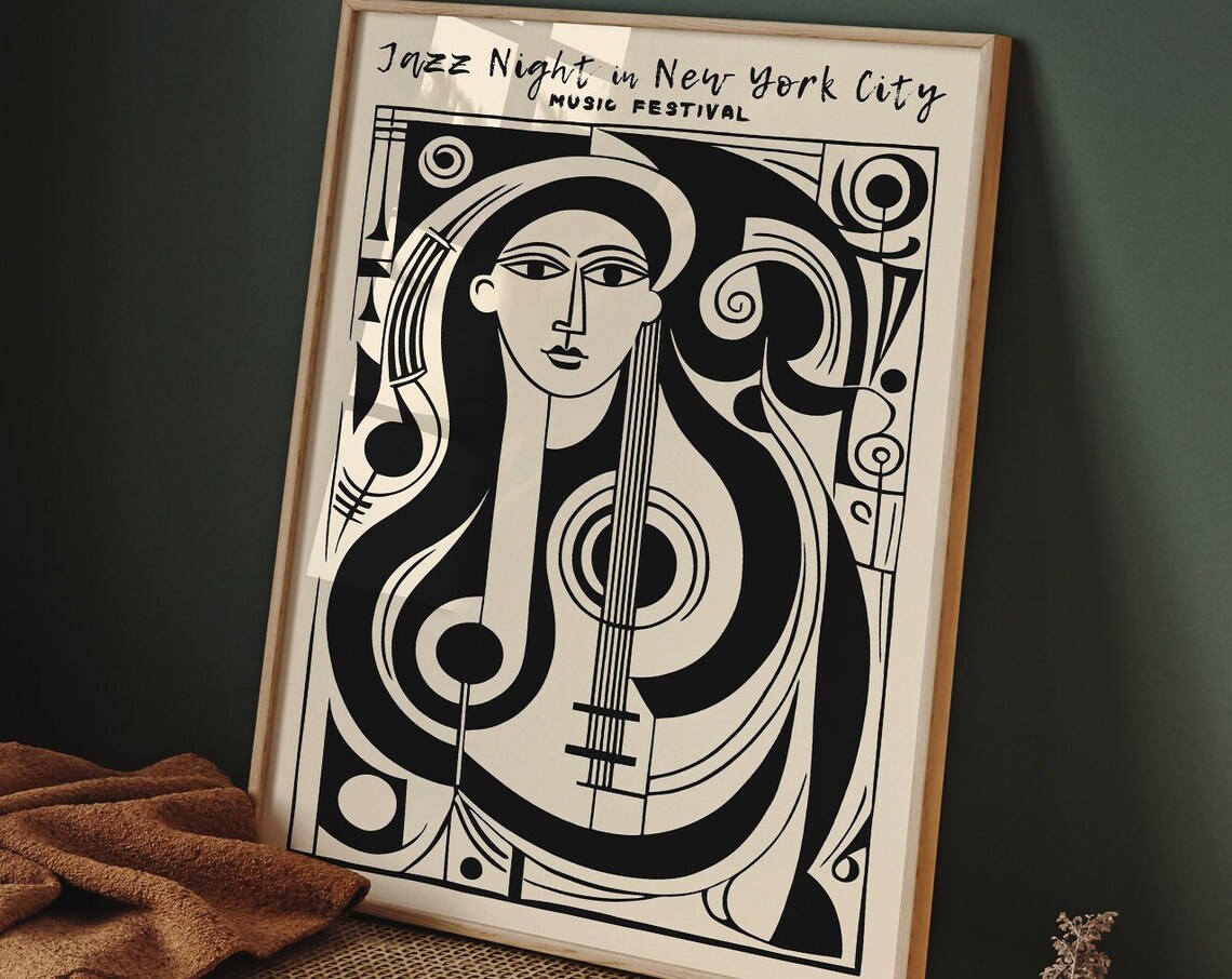 Striking Monochrome Jazz Night New York City Cubist Guitar Poster - Image 6