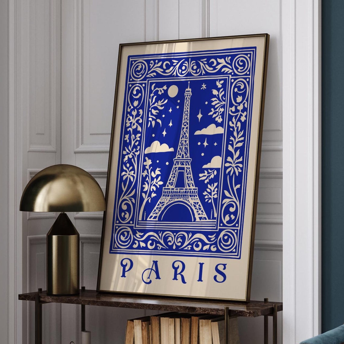 Paris Eiffel Tower Moonlit Indigo Ink Vintage Style Travel Poster