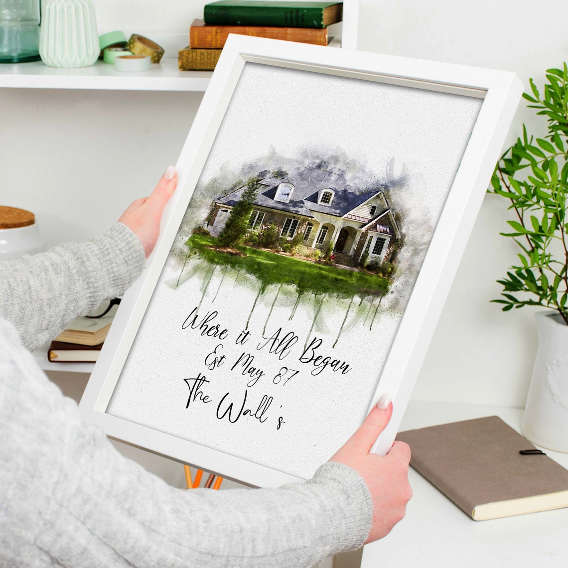 Large Family Home Watercolor Blessed Home Memories Est 1990 Poster - Image 2