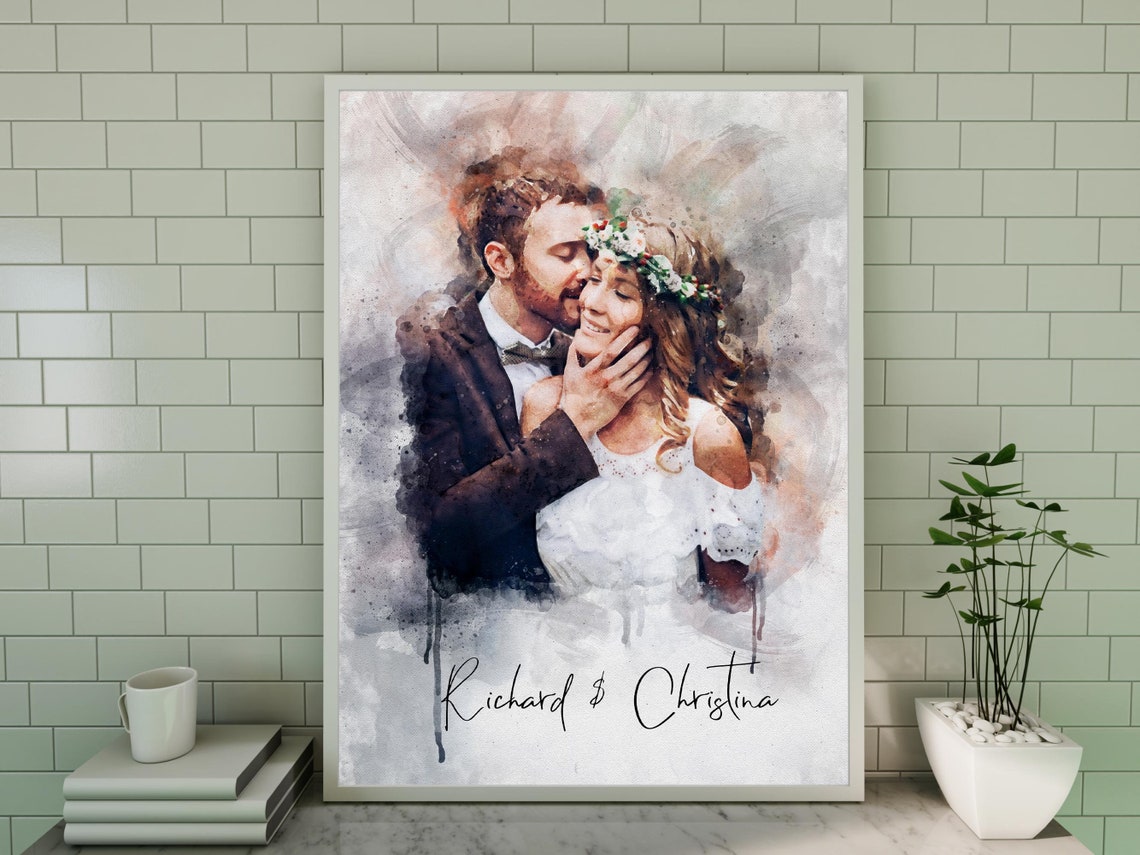 Watercolor Newlywed Couple Portrait Wedding Date Keepsake Poster - Image 3