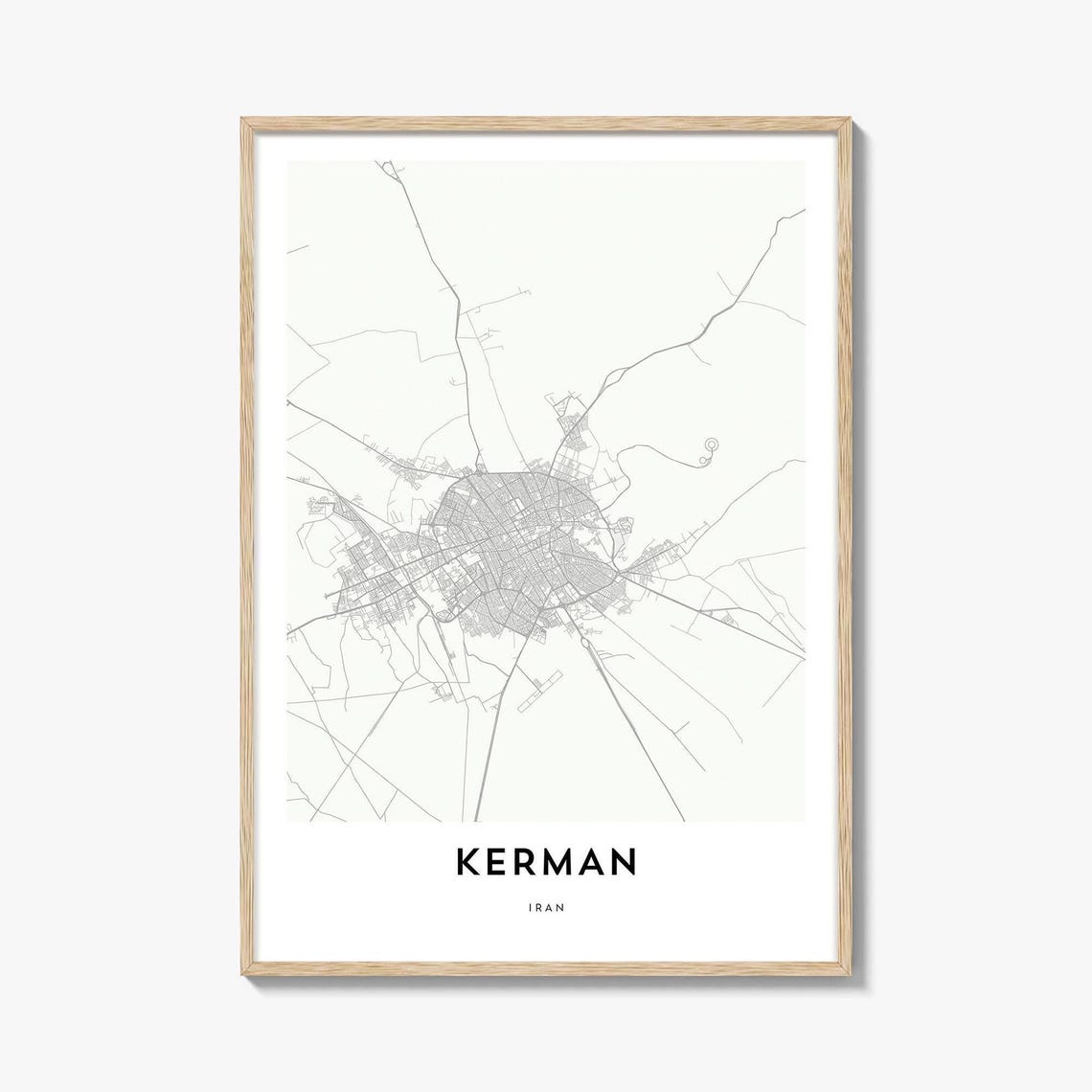 Minimalist Kerman Iran White Street Map City Art Travel Poster