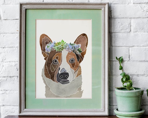 Corgi Dog Flower Crown Watercolor Home Decor Poster Pet Portrait Wall Art Lover Gift Gifts
