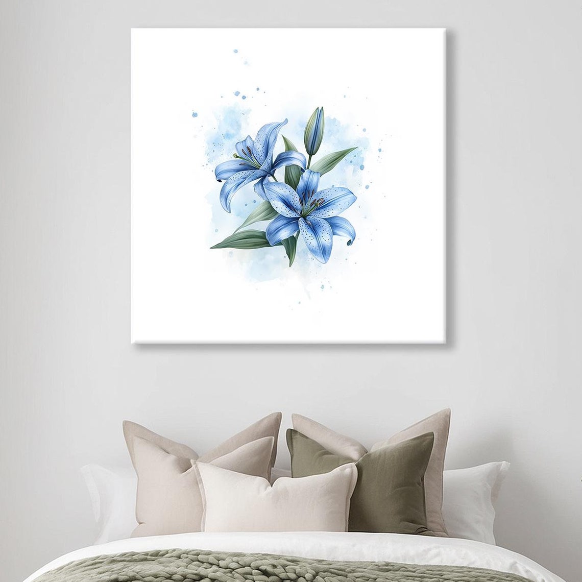 Blue Lily Watercolor Two Blooms Bud Minimalist Botanical Print