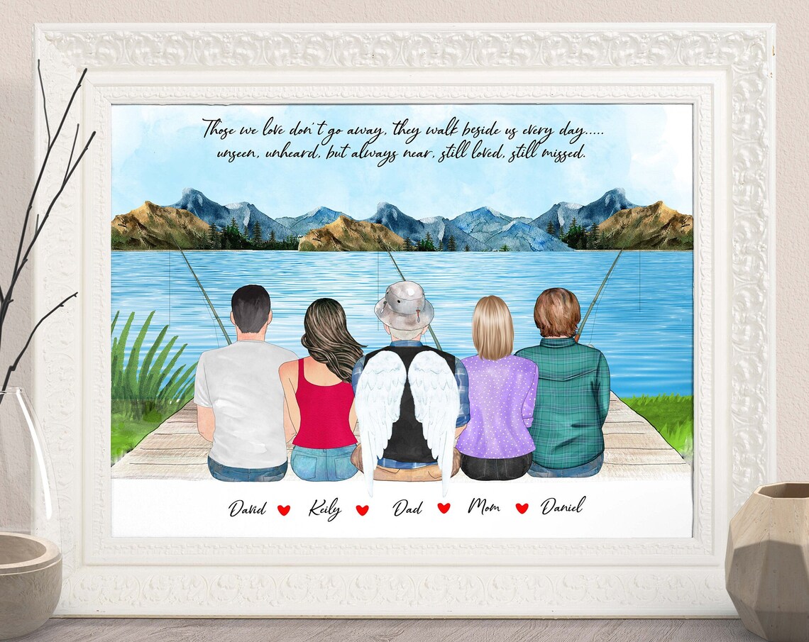 Family Fishing Memorial Print Angel Dad Lake Mountain Dock Scene