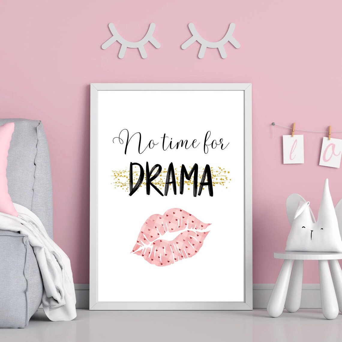 No Time For Drama Pink Lips Sassy Beauty Quote Poster Gold Glitter Accent - Image 2