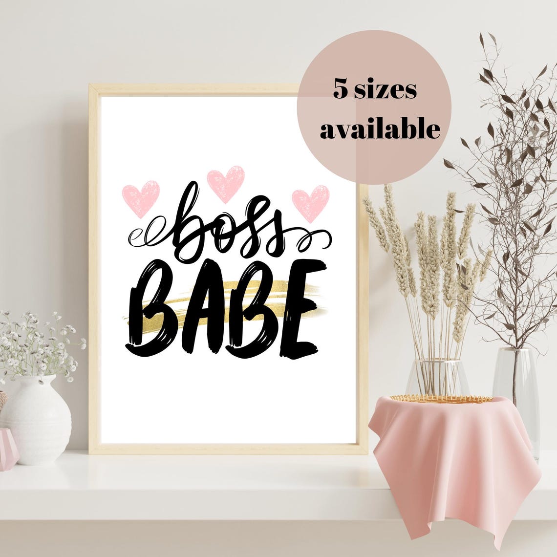 Boss Babe Pink Hearts Gold Brushstroke Motivational Quote Poster For Her - Image 3