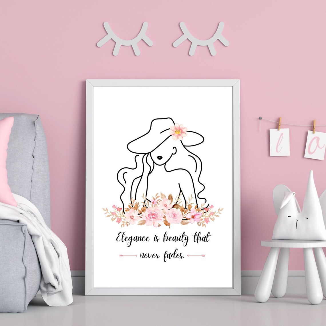 Elegance Is Beauty That Never Fades Line Art Woman Hat Floral Quote Poster - Image 2