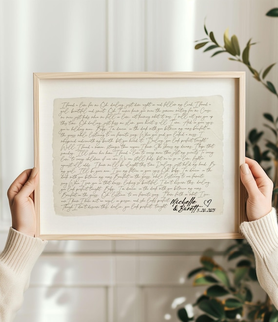 Custom Love Song Lyrics Script Poster in Natural Wood Frame Hands Held