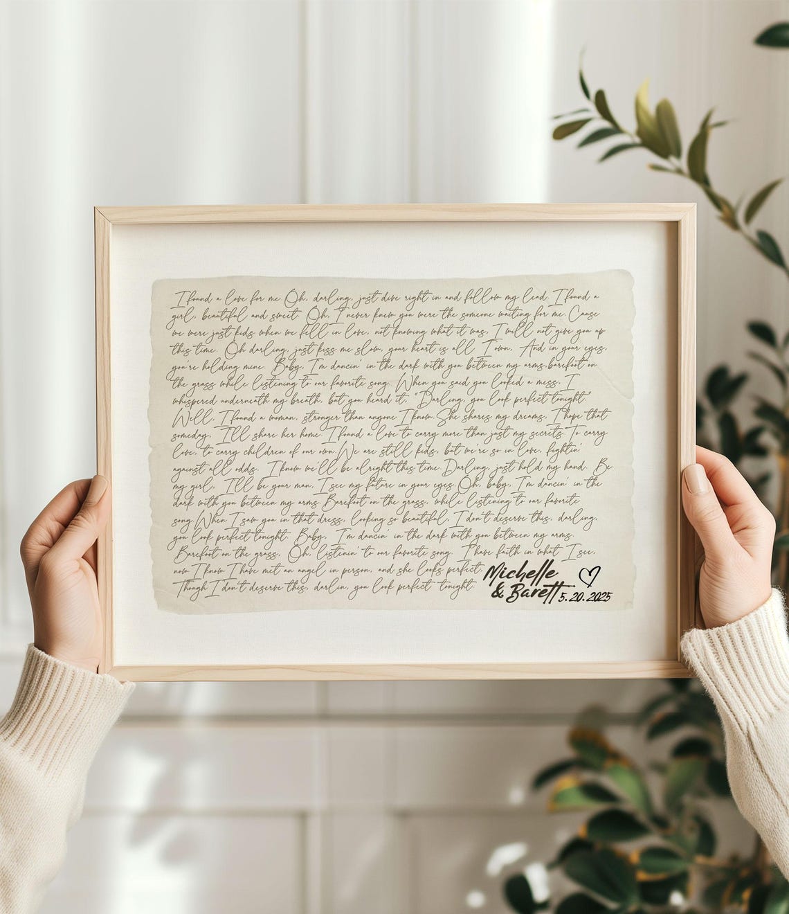 Custom Love Song Lyrics Script Poster in Natural Wood Frame Hands Held