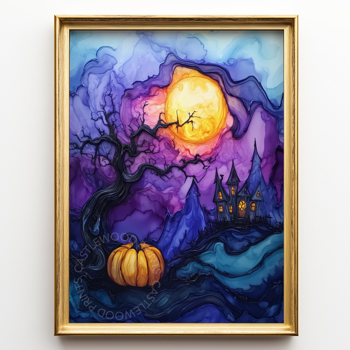 Haunted House Full Moon Watercolor Spooky Tree Halloween Art Poster