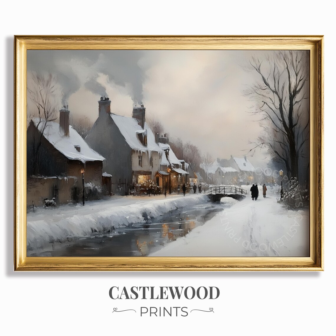 Cozy Winter Canal Cottages With Stone Bridge Snowy Village Poster