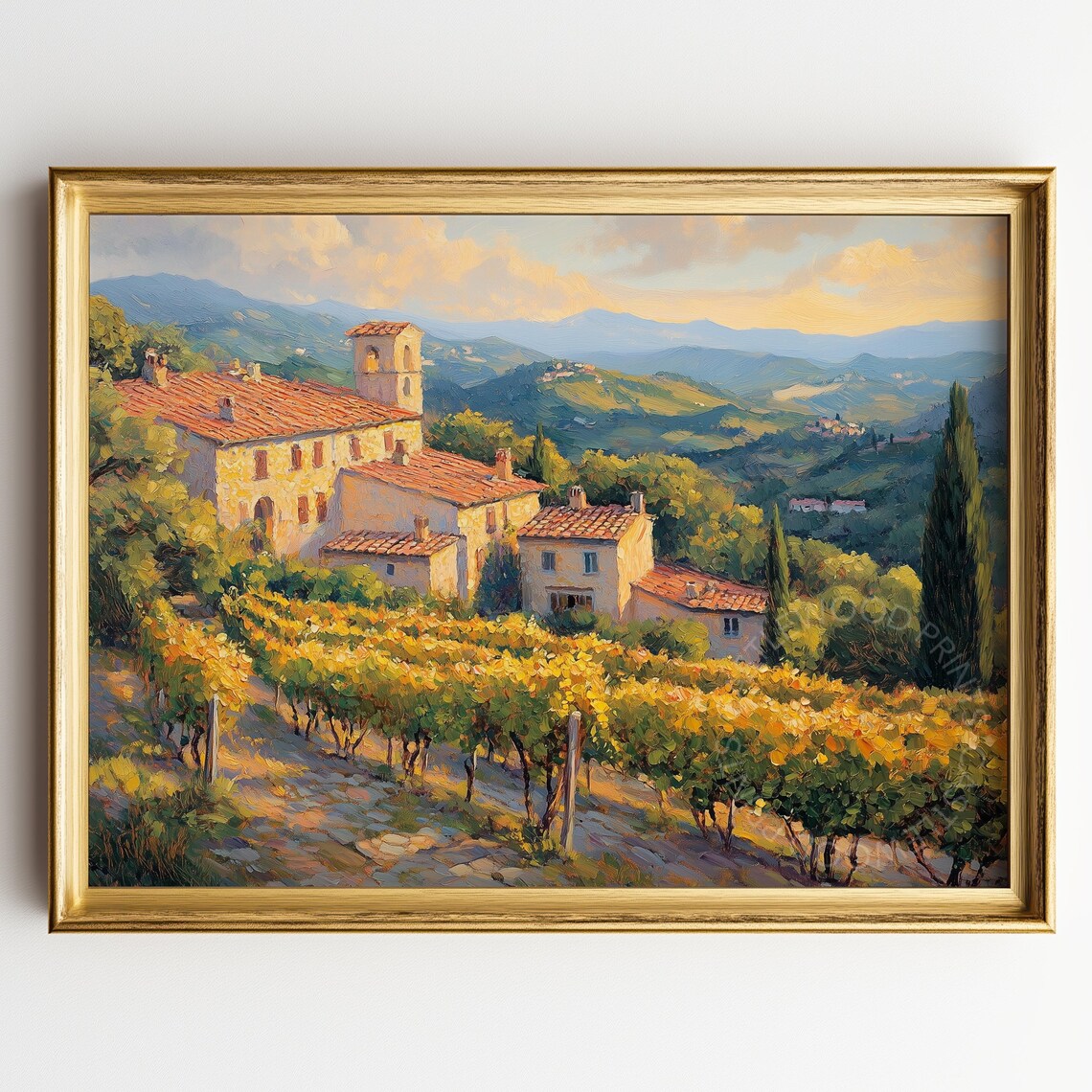 Golden Tuscan Hill Town With Vineyards Rustic Italian Oil Poster