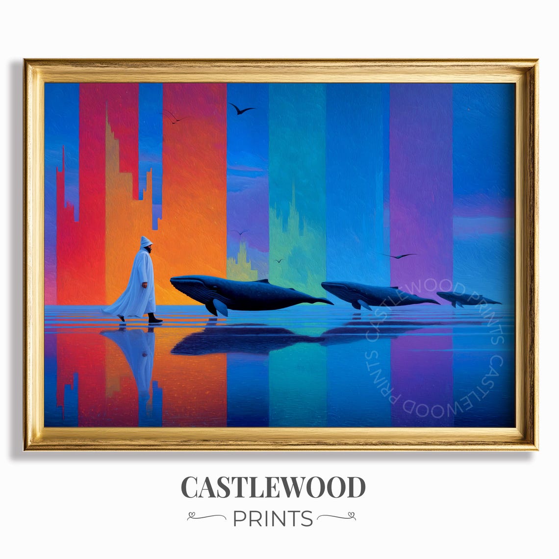 Vibrant Abstract Whale Scene Surreal Ocean Landscape Art Wall Decor Dreamlike Colorful Seascape Print 829