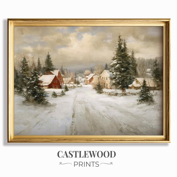 Cozy Snowy Village Street Rustic Winter Landscape Oil Painting Poster