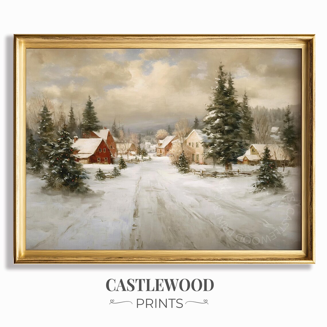 Cozy Snowy Village Street Rustic Winter Landscape Oil Painting Poster