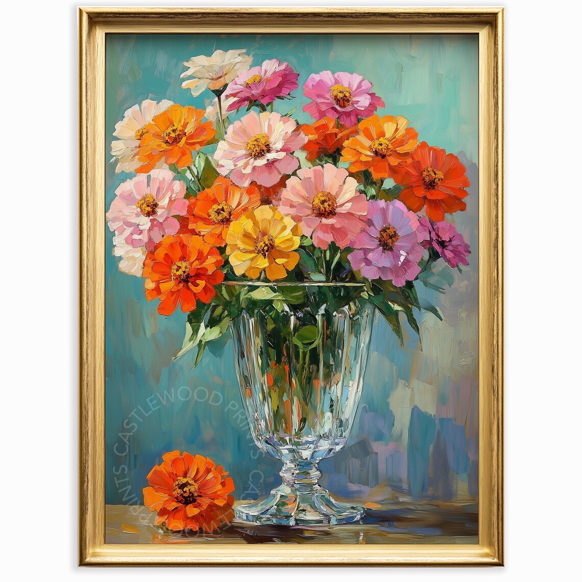 Colorful Zinnia Bouquet Oil Painting in Crystal Vase Floral Poster