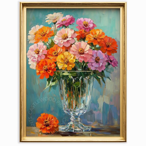 Colorful Zinnia Bouquet Oil Painting in Crystal Vase Floral Poster
