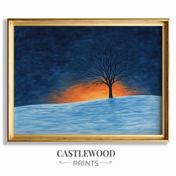 Winter Tree Silhouette Snowy Hill At Sunset Moody Landscape Art Rustic Country Wall Decor Painting 278
