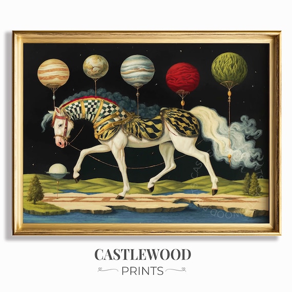 Circus Horse With Planet Balloons Starry Night Fantasy Storybook Art Poster