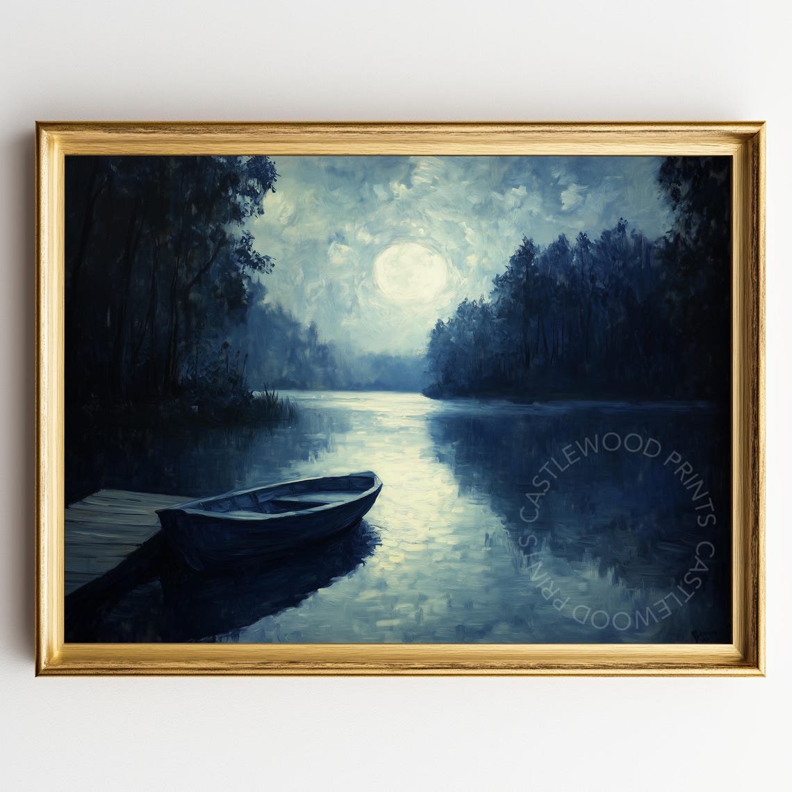 Moonlit Lake With Rowboat at Wooden Dock and Misty Pines Night Poster