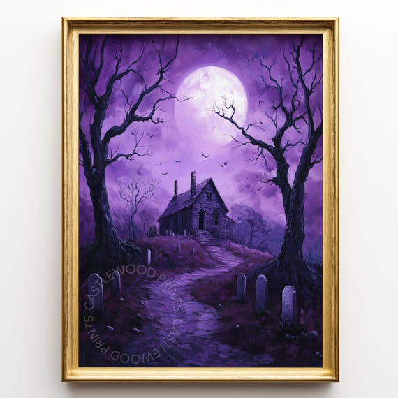Haunted House In Moonlit Graveyard Spooky Halloween Wall Art Purple Night Scene Gothic Decor Vintage Ghostly Print 178