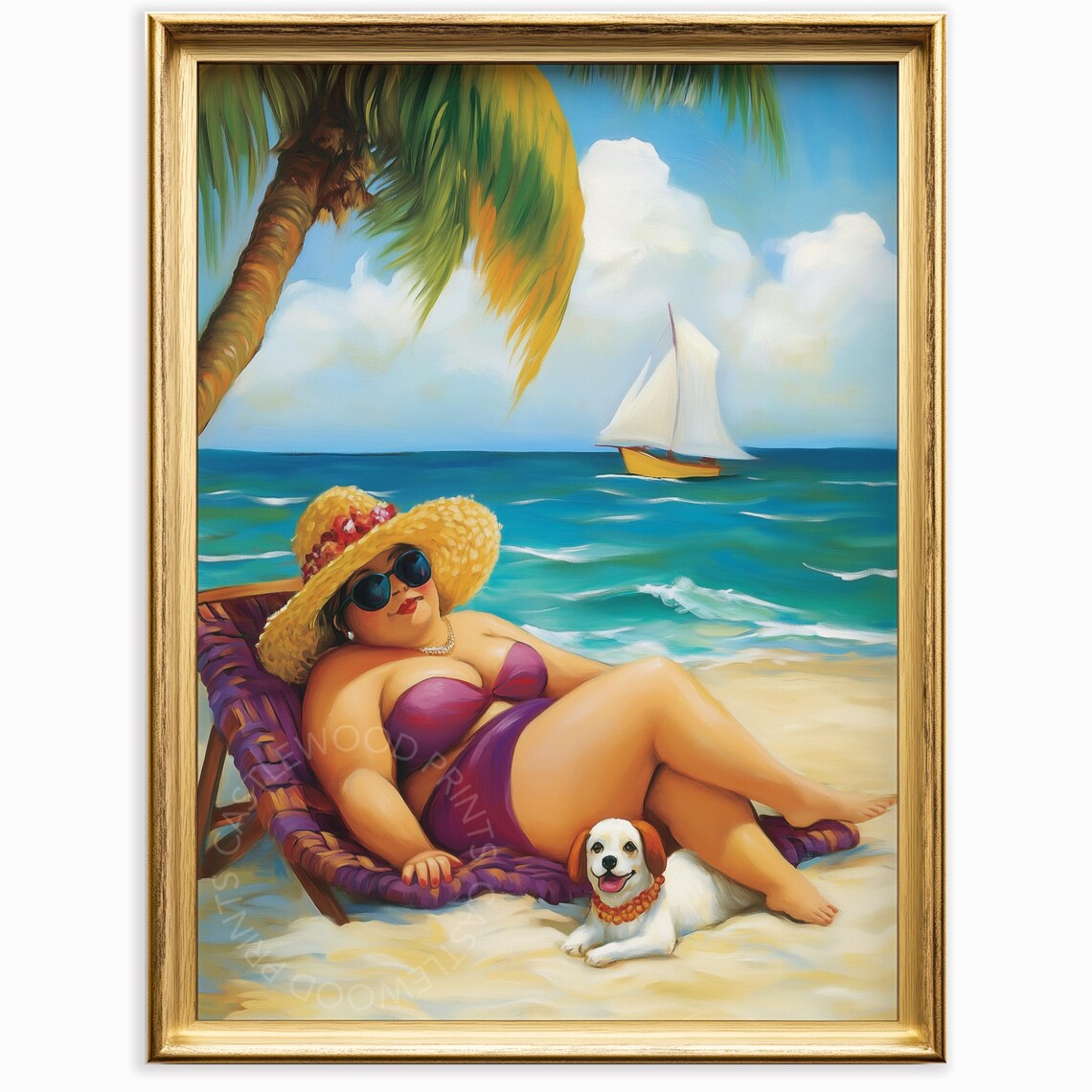 Curvy Woman In Purple Bikini Reclining On Beach Chair Poster