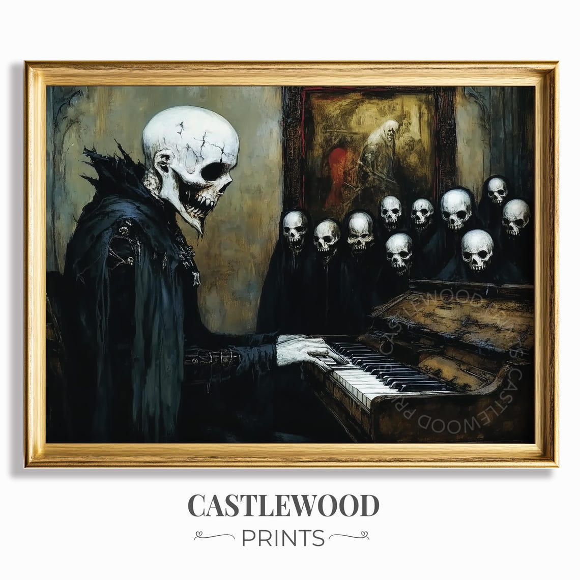 Gothic Skull Pianist Dark Art Spooky Skeleton Vintage Style Wall Decor Eerie Halloween Artwork Macabre Scene Print 1093