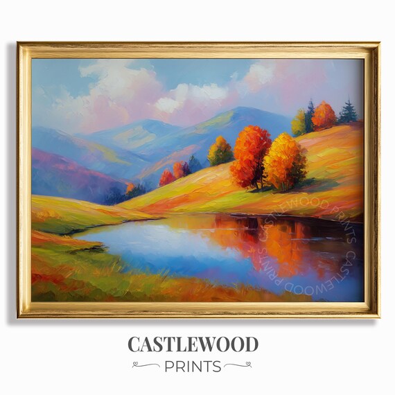 Vibrant Autumn Hillside Lake with Fall Foliage Oil Painting Poster
