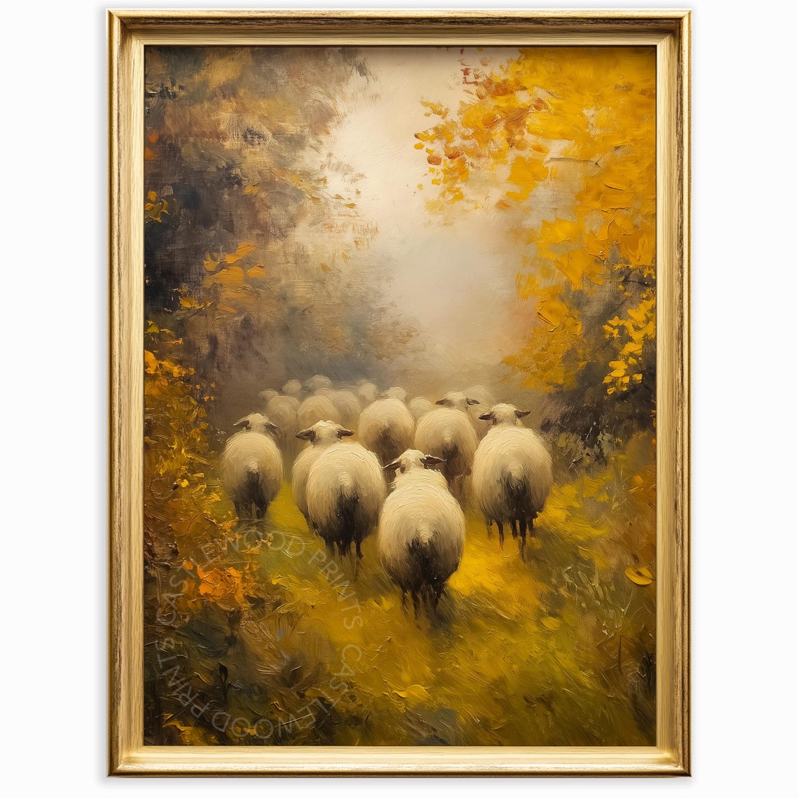 Sheep Walking Autumn Forest Path Golden Fall Landscape Poster