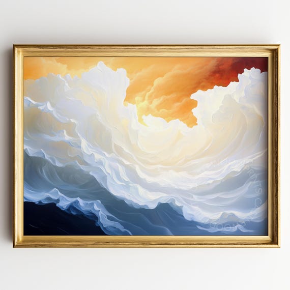 Majestic Cloudscape Painting Dramatic Sky Art Sunset Scene Golden Horizon Wall Decor Earthy Tones 486