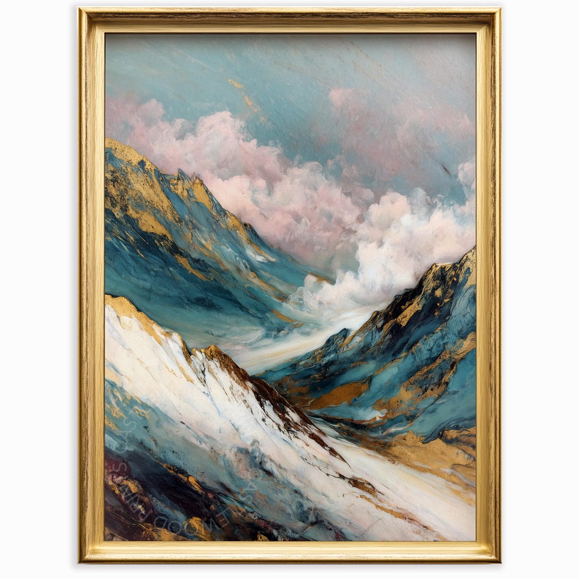 Blue Mountain Peaks with Pink Clouds and Gold Accents Landscape Poster