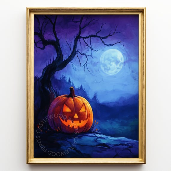 Spooky Halloween Pumpkin Under A Moonlit Tree Moody Fall Night Scene Rustic Wall Art Decor Print 171