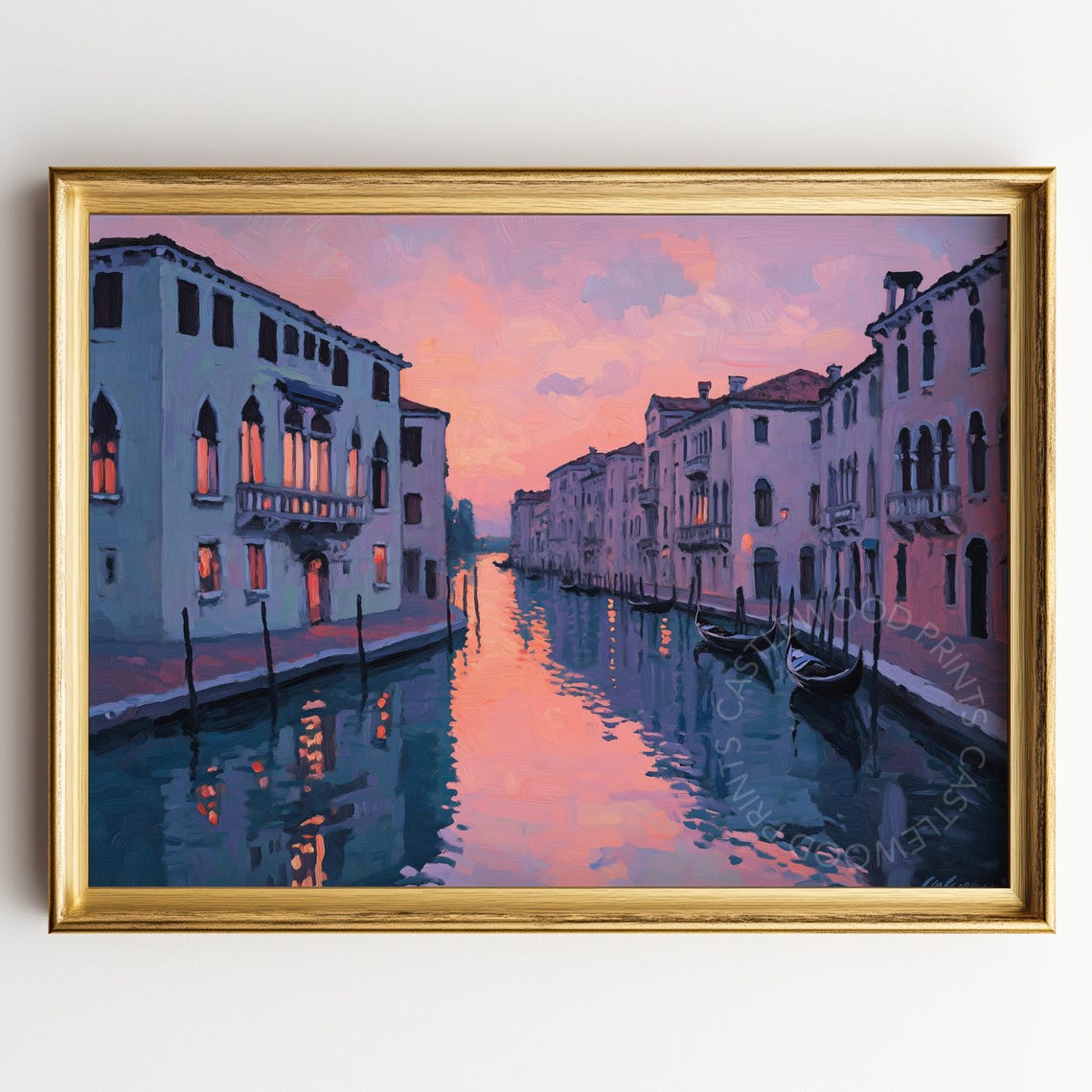 Venice Canal at Twilight Pink Sky Gondolas Romantic Cityscape Poster