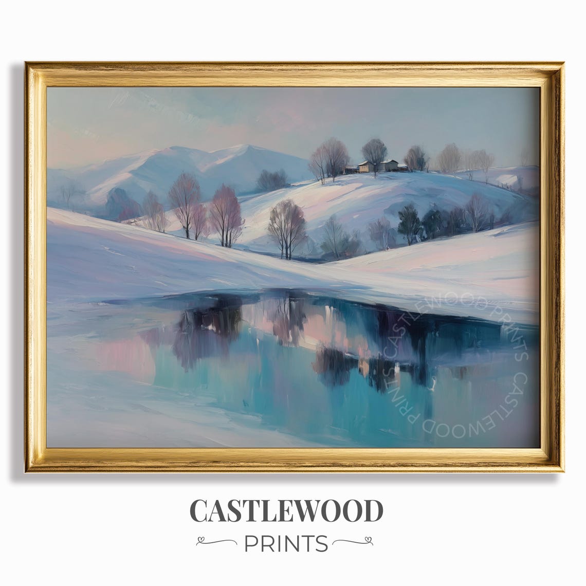 Snowy Winter Hillside with Cottage and Calm Reflections Poster