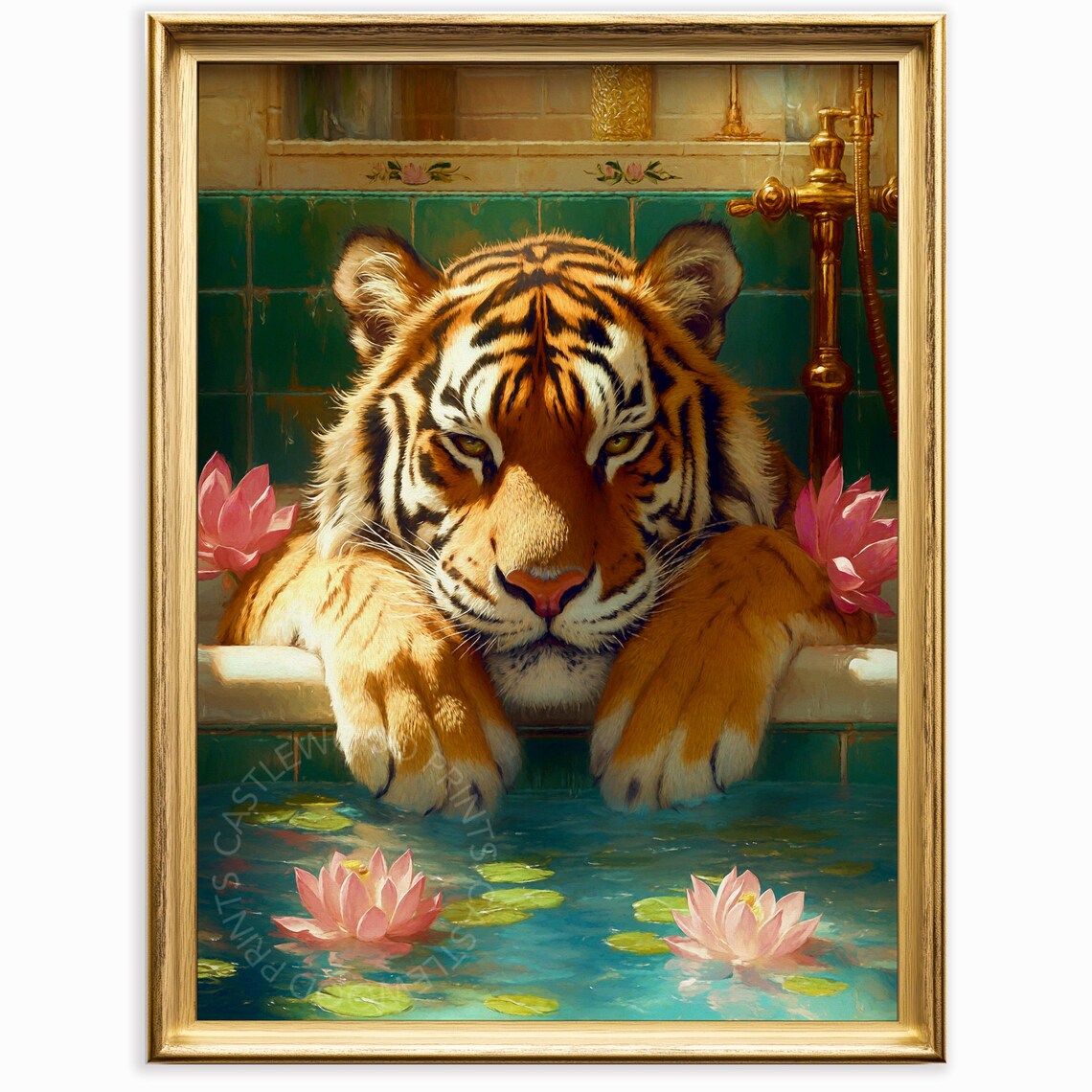 Tiger Lounging In Turquoise Antique Bathtub Among Lotus Poster